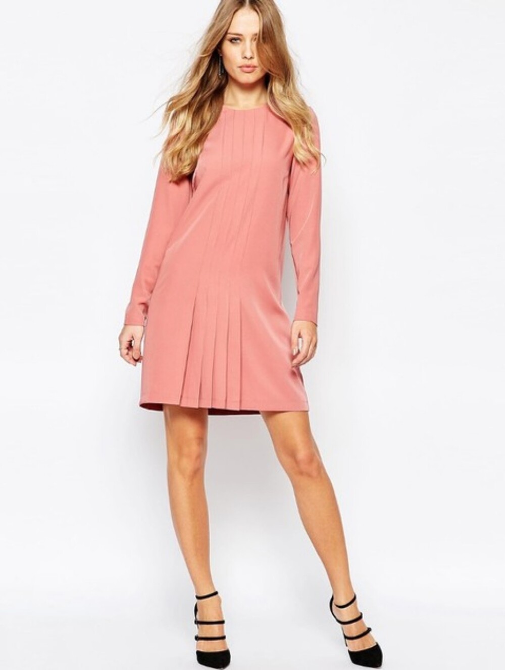 Y.A.S Pleated Long-Sleeve Shift Dress in Blush Pink